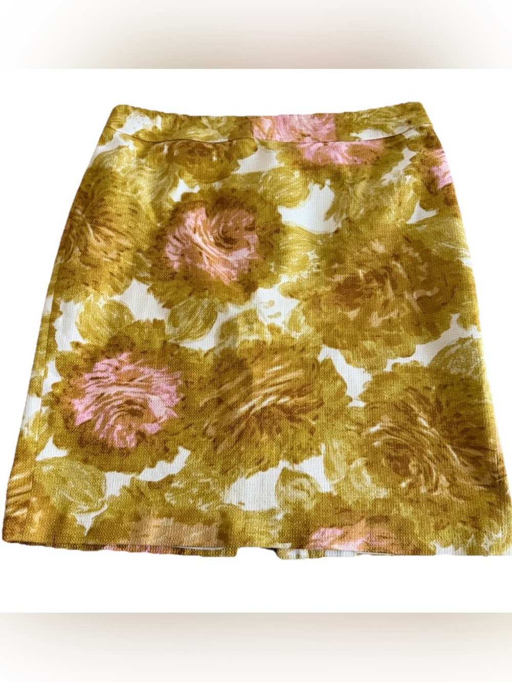 TALBOTS Mustard Yellow + Pink Roses Knee Length Tapestry Pencil Skirt Size 14
